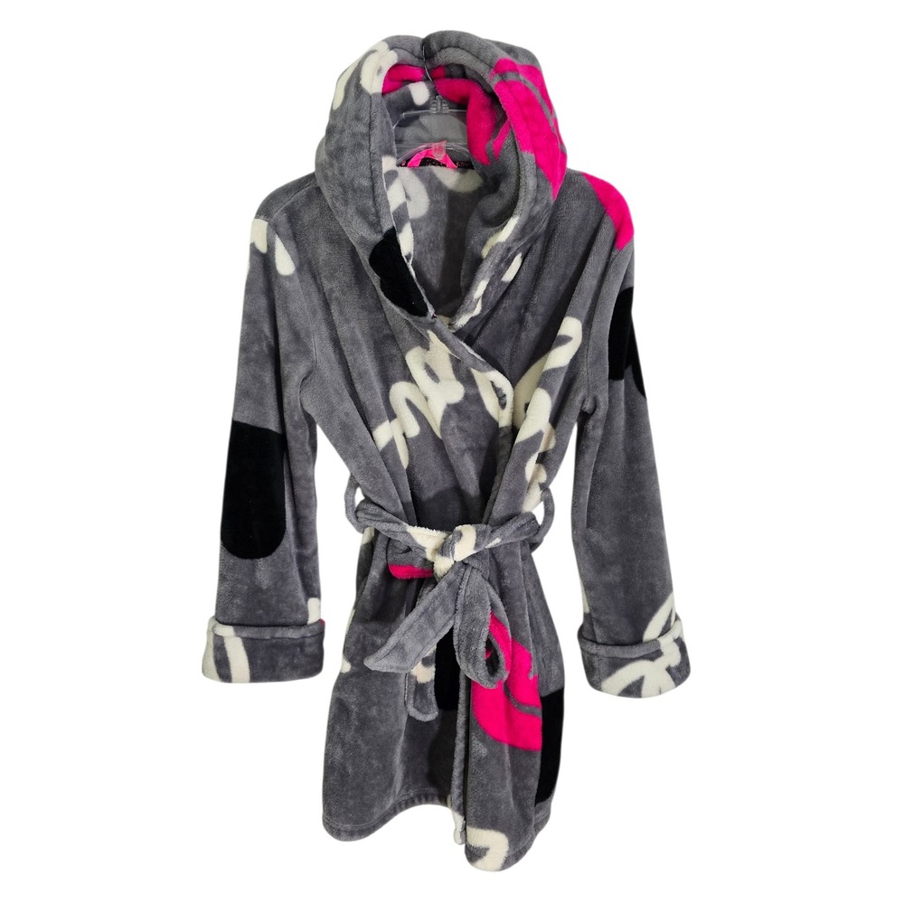Betsey Johnson Plush Robe S M Gray Pink White Script‎ Logo Hooded Cozy Size XS